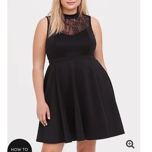 BLACK SCUBA KNIT & LACE SKATER DRESS